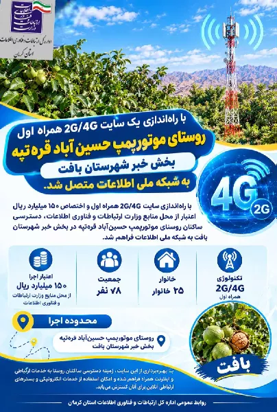 اتصال روستای موتورپمپ حسین‌آباد قره‌تپه بافت استان کرمان به شبکه ملی اطلاعات